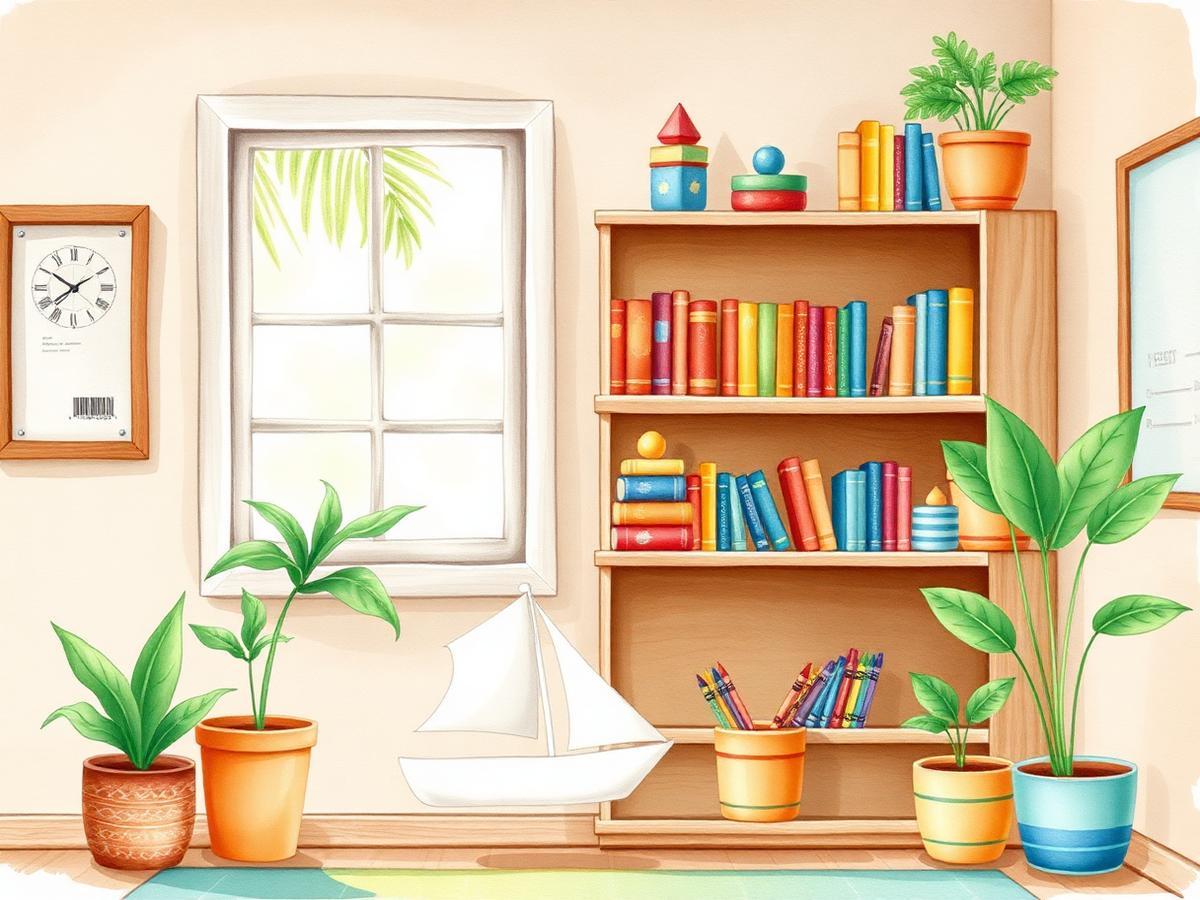 Illustrated preschool classroom corner with books, a paper boat and plants