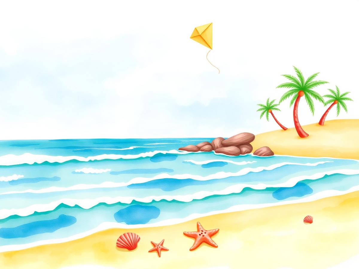 Illustrated Caribbean beach scene with a yellow kite and palm trees